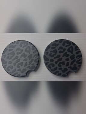 Leopard Print Round Car Coaster Set - Gray/Black